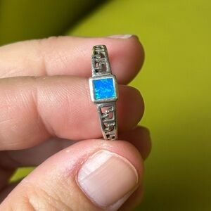 Sterling Silver 925 Blue Opal Inlay Greek Key Ring Size 7 Vintage Style